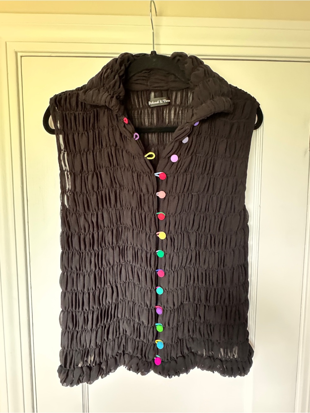 Richard K Tsao Smocked Vest Rainbow Buttons Wearable Art Lagenlook Black L